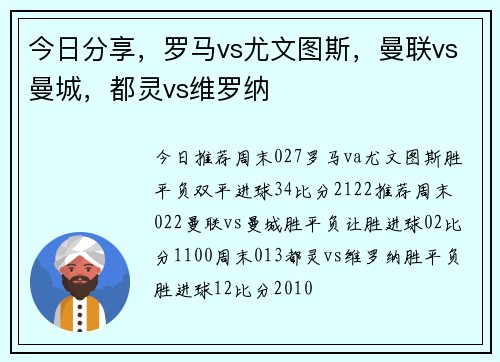 今日分享，罗马vs尤文图斯，曼联vs曼城，都灵vs维罗纳